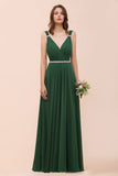 V-Neck A-line Dark Green Bridesmaid Dress Rhinestone Waist Belt-misshow.com