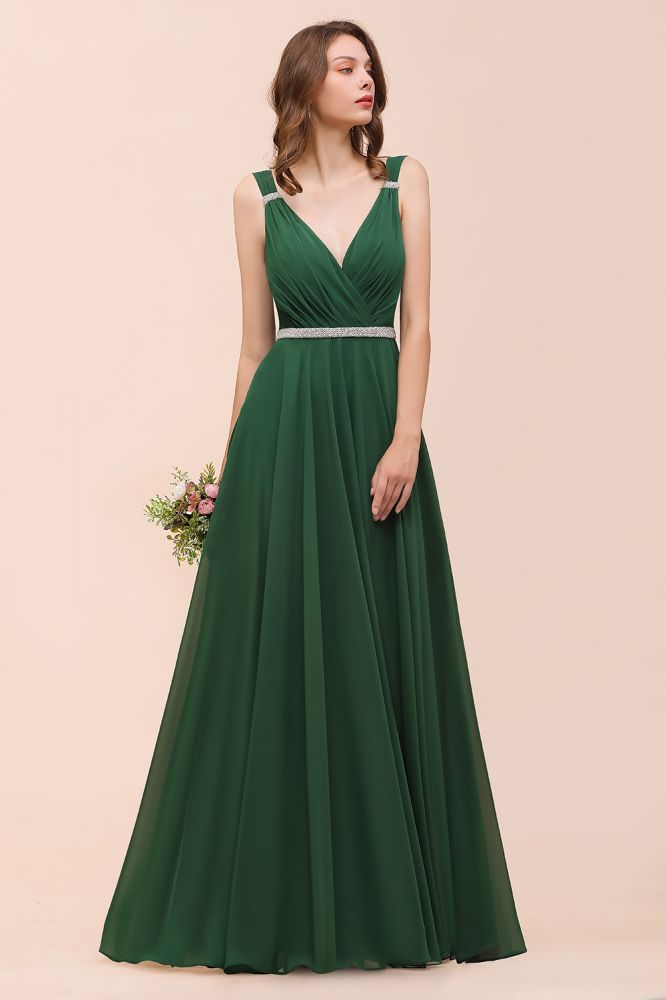V-Neck A-line Dark Green Bridesmaid Dress Rhinestone Waist Belt-misshow.com