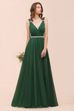 V-Neck A-line Dark Green Bridesmaid Dress Rhinestone Waist Belt-misshow.com