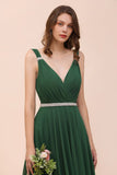 V-Neck A-line Dark Green Bridesmaid Dress Rhinestone Waist Belt-misshow.com