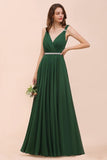 V-Neck A-line Dark Green Bridesmaid Dress Rhinestone Waist Belt