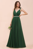 V-Neck A-line Dark Green Bridesmaid Dress Rhinestone Waist Belt-misshow.com