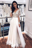 V-neck Appliques Long Sleeve A-line Wedding Dresses | Side Split Pleated Tulle Bridal Gowns-misshow.com