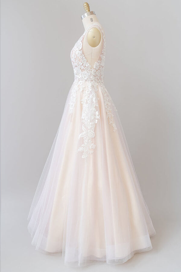 V-neck Appliques Tulle Floor length Wedding Dress-misshow.com