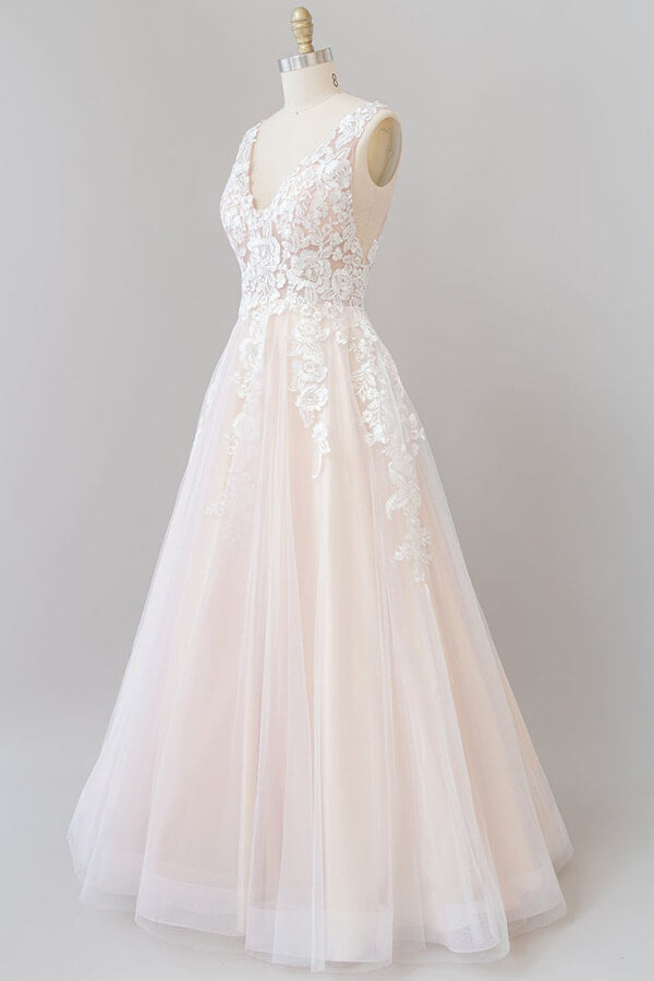V-neck Appliques Tulle Floor length Wedding Dress-misshow.com