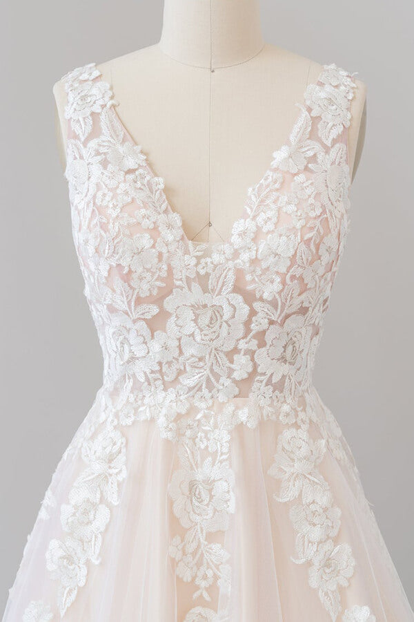 V-neck Appliques Tulle Floor length Wedding Dress-misshow.com