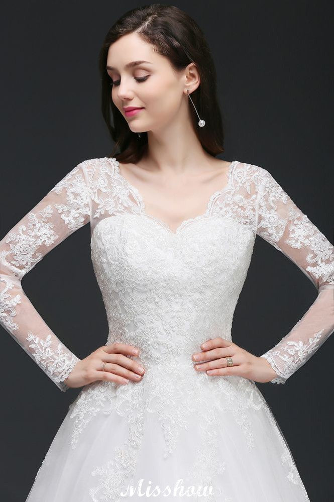 This elegant V-neck Tulle wedding dress with Appliques could be custom made in plus size for curvy women. Plus size Long Sleeves Ball Gown bridal gowns are classic yet cheap.