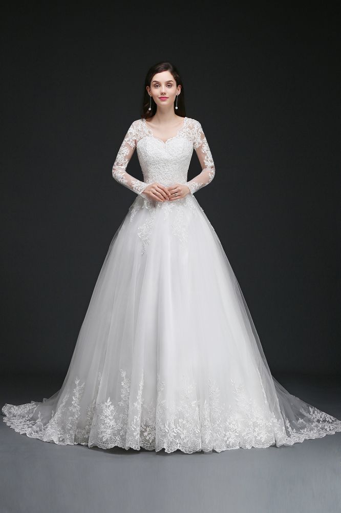 This elegant V-neck Tulle wedding dress with Appliques could be custom made in plus size for curvy women. Plus size Long Sleeves Ball Gown bridal gowns are classic yet cheap.