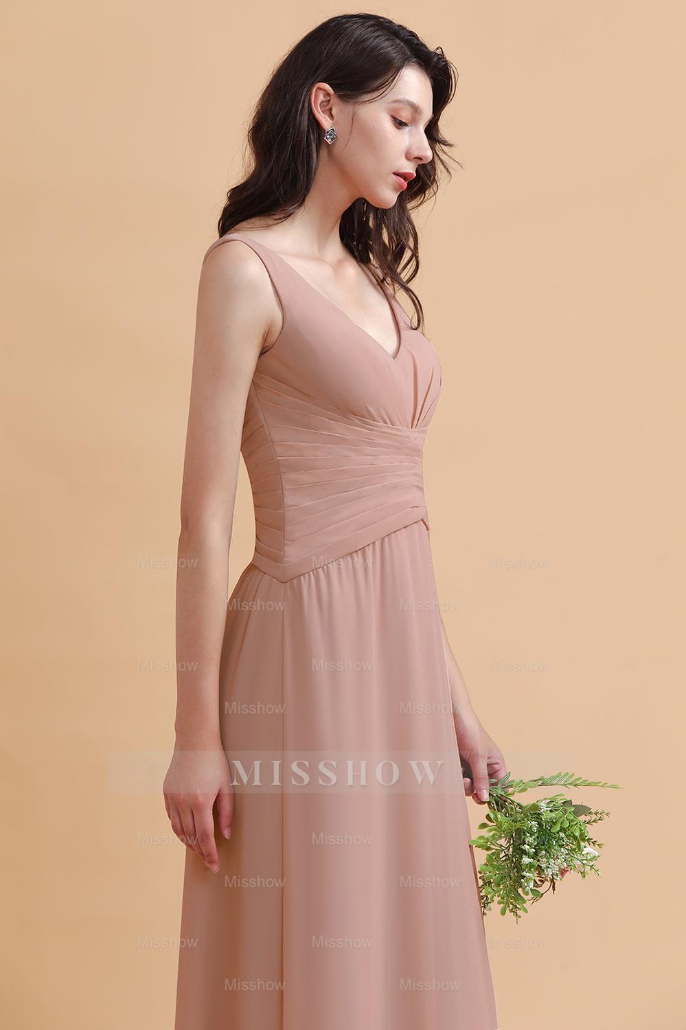 V-Neck Dusty Rose Chiffon Bridesmaid Dresses with Ruffles misshow.com V-Neck Dusty Rose Chiffon Bridesmaid Dresses with Ruffles misshow.com