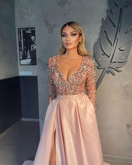V-neck Evening Gowns For Women A-Line Split Prom Dress-misshow.com