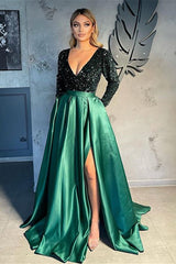 V-neck Evening Gowns For Women A-Line Split Prom Dress-misshow.com