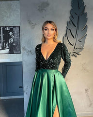 V-neck Evening Gowns For Women A-Line Split Prom Dress-misshow.com