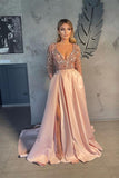 V-neck Evening Gowns For Women A-Line Split Prom Dress-misshow.com