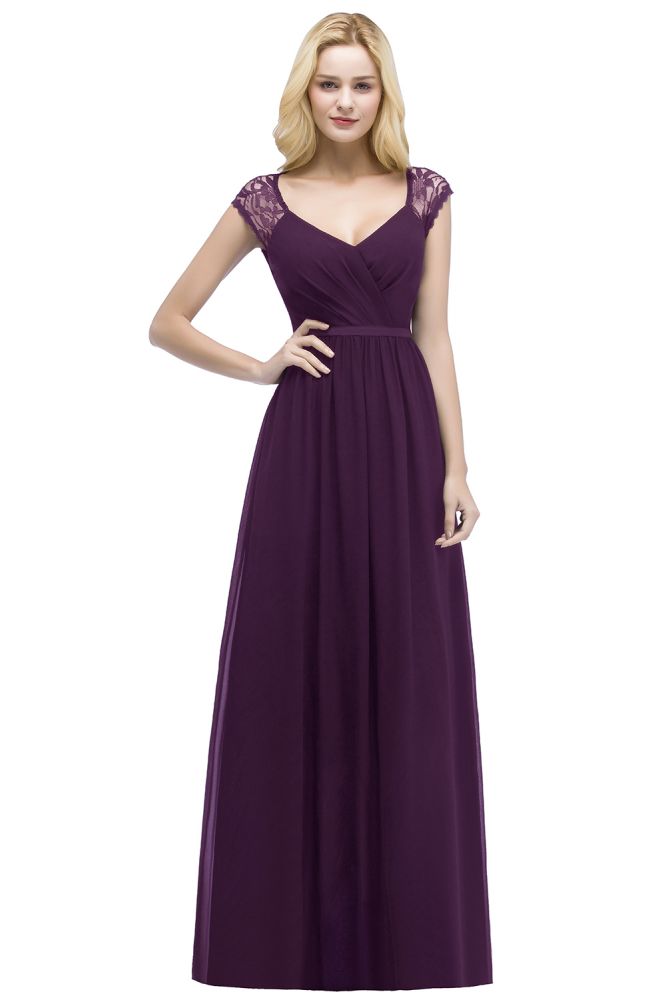 V-neck Floor Length A-line Lace Chiffon Bridesmaid Dresses with Sash | MISSHOW misshow.com V-neck Floor Length A-line Lace Chiffon Bridesmaid Dresses with Sash | MISSHOW misshow.com