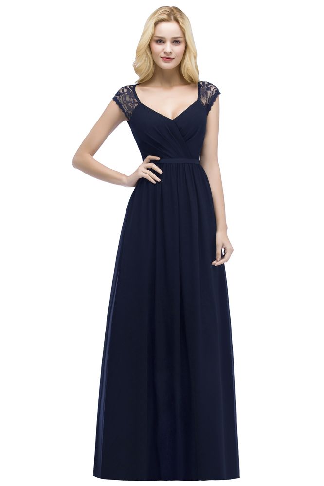 V-neck Floor Length A-line Lace Chiffon Bridesmaid Dresses with Sash | MISSHOW misshow.com V-neck Floor Length A-line Lace Chiffon Bridesmaid Dresses with Sash | MISSHOW misshow.com