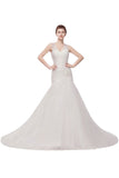 This beautiful V-neck Floor Length Mermaid Crystals Tulle Wedding Dresses will make your guests say wow. The V-neck bodice is thoughtfully lined, and the Floor-length skirt with Crystal,Ruffles,Ruched to provide the airy, flatter look of Tulle.