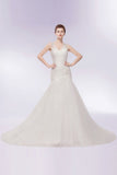 This beautiful V-neck Floor Length Mermaid Crystals Tulle Wedding Dresses will make your guests say wow. The V-neck bodice is thoughtfully lined, and the Floor-length skirt with Crystal,Ruffles,Ruched to provide the airy, flatter look of Tulle.