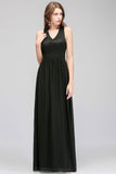 V-neck Floor Length Sleeveless Lace Top Black Bridesmaid Dress