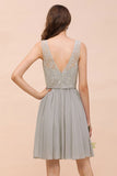 V-Neck Floral Lace Mini Homecoking Dress Grey Simple Chiffon Bridesmaid Dress Party Dress-misshow.com