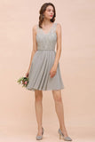 V-Neck Floral Lace Mini Homecoking Dress Grey Simple Chiffon Bridesmaid Dress Party Dress-misshow.com