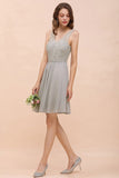 V-Neck Floral Lace Mini Homecoking Dress Grey Simple Chiffon Bridesmaid Dress Party Dress-misshow.com