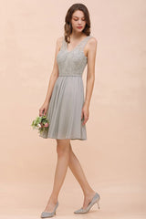 V-Neck Floral Lace Mini Homecoking Dress Grey Simple Chiffon Bridesmaid Dress Party Dress-misshow.com
