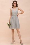 V-Neck Floral Lace Mini Homecoking Dress Grey Simple Chiffon Bridesmaid Dress Party Dress-misshow.com