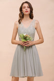 V-Neck Floral Lace Mini Homecoking Dress Grey Simple Chiffon Bridesmaid Dress Party Dress-misshow.com