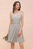 V-Neck Floral Lace Mini Homecoking Dress Grey Simple Chiffon Bridesmaid Dress Party Dress-misshow.com