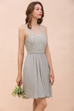 V-Neck Floral Lace Mini Homecoking Dress Grey Simple Chiffon Bridesmaid Dress Party Dress-misshow.com