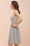 V-Neck Floral Lace Mini Homecoking Dress Grey Simple Chiffon Bridesmaid Dress Party Dress-misshow.com