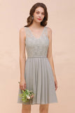 V-Neck Floral Lace Mini Homecoking Dress Grey Simple Chiffon Bridesmaid Dress Party Dress