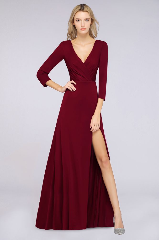 MISSHOW offers V-Neck Long-Sleeves Side-Slit Floor-Length Bridesmaid Dress with Ruffles at a good price from Spandex to A-line Floor-length them. Lightweight yet affordable home,beach,swimming useBridesmaid Dresses.