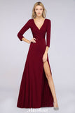 V-Neck Long-Sleeves Side-Slit Floor-Length Bridesmaid Dress with Ruffles