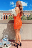 V-neck Orange Spaghetti Straps Sleeveless Homecoming Dresses With Lace-misshow.com