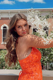 V-neck Orange Spaghetti Straps Sleeveless Homecoming Dresses With Lace-misshow.com