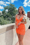 V-neck Orange Spaghetti Straps Sleeveless Homecoming Dresses With Lace