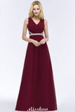 V-neck Ruffled Floor-Length Beading Bridesmaid Dresses A-line Chiffon with Sash