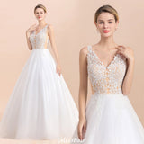 This elegant V-neck Tulle wedding dress with Lace could be custom made in plus size for curvy women. Plus size Sleeveless A-line bridal gowns are classic yet cheap.