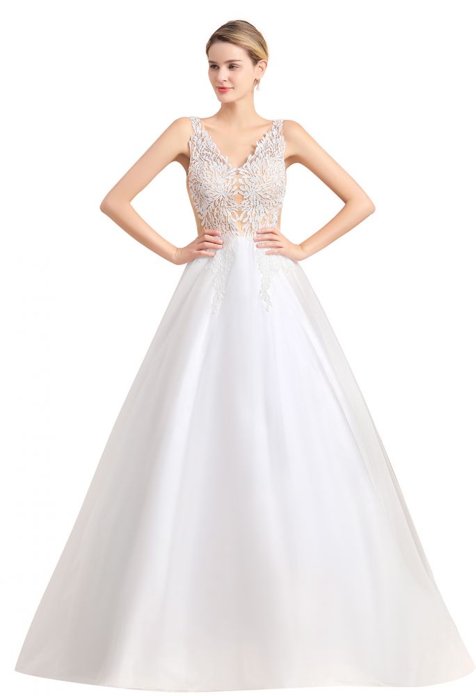 This elegant V-neck Tulle wedding dress with Lace could be custom made in plus size for curvy women. Plus size Sleeveless A-line bridal gowns are classic yet cheap.