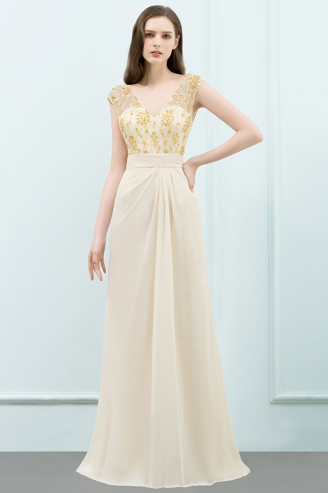 MISSHOW offers V-neck Sequined Top A-line Floor Length Chiffon Prom Dresses at a cheap price from Champagne, 30D Chiffon to A-line Floor-length hem. Stunning yet affordable Sleeveless Prom Dresses.