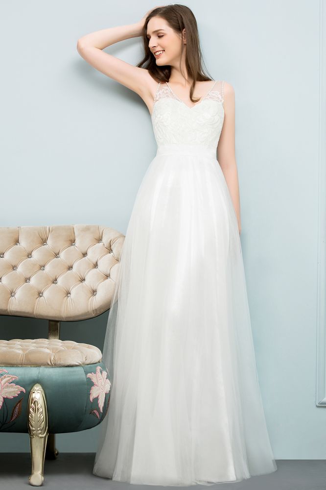MISSHOW offers V-neck Sleeveless A-line Floor Length Lace Tulle Prom Dresses at a cheap price from White, Tulle to A-line Floor-length hem. Stunning yet affordable Sleeveless Prom Dresses,Evening Dresses.