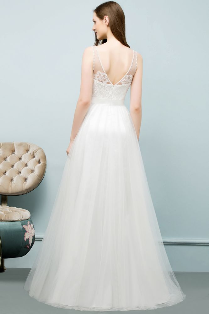 MISSHOW offers V-neck Sleeveless A-line Floor Length Lace Tulle Prom Dresses at a cheap price from White, Tulle to A-line Floor-length hem. Stunning yet affordable Sleeveless Prom Dresses,Evening Dresses.