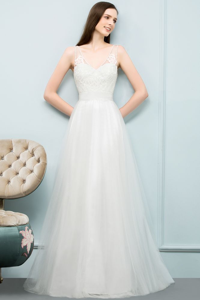 MISSHOW offers V-neck Sleeveless A-line Floor Length Lace Tulle Prom Dresses at a cheap price from White, Tulle to A-line Floor-length hem. Stunning yet affordable Sleeveless Prom Dresses,Evening Dresses.