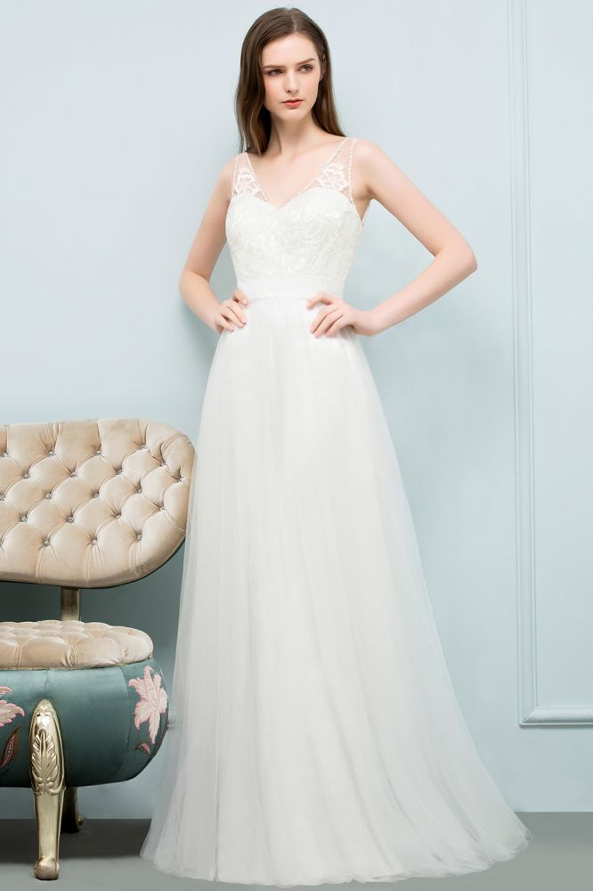 MISSHOW offers V-neck Sleeveless A-line Floor Length Lace Tulle Prom Dresses at a cheap price from White, Tulle to A-line Floor-length hem. Stunning yet affordable Sleeveless Prom Dresses,Evening Dresses.