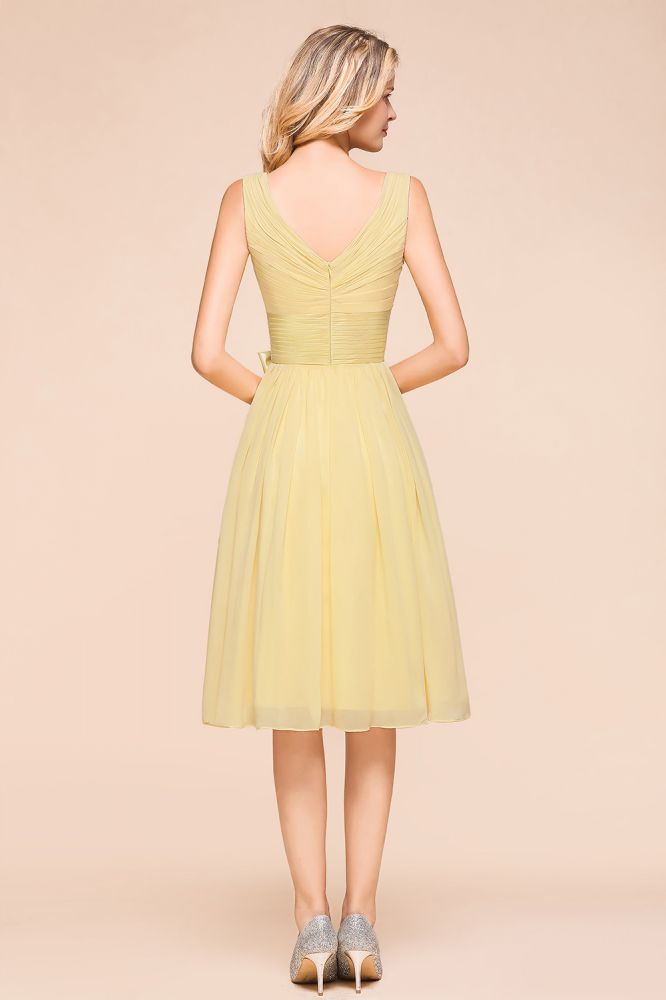 V-Neck Sleeveless A-line Mini Dress Ankle Length Bridesmaid Dress-misshow.com