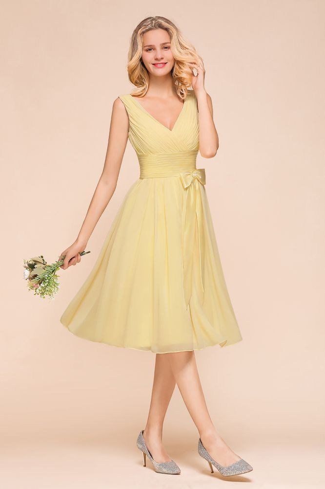 V-Neck Sleeveless A-line Mini Dress Ankle Length Bridesmaid Dress-misshow.com
