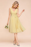 V-Neck Sleeveless A-line Mini Dress Ankle Length Bridesmaid Dress-misshow.com