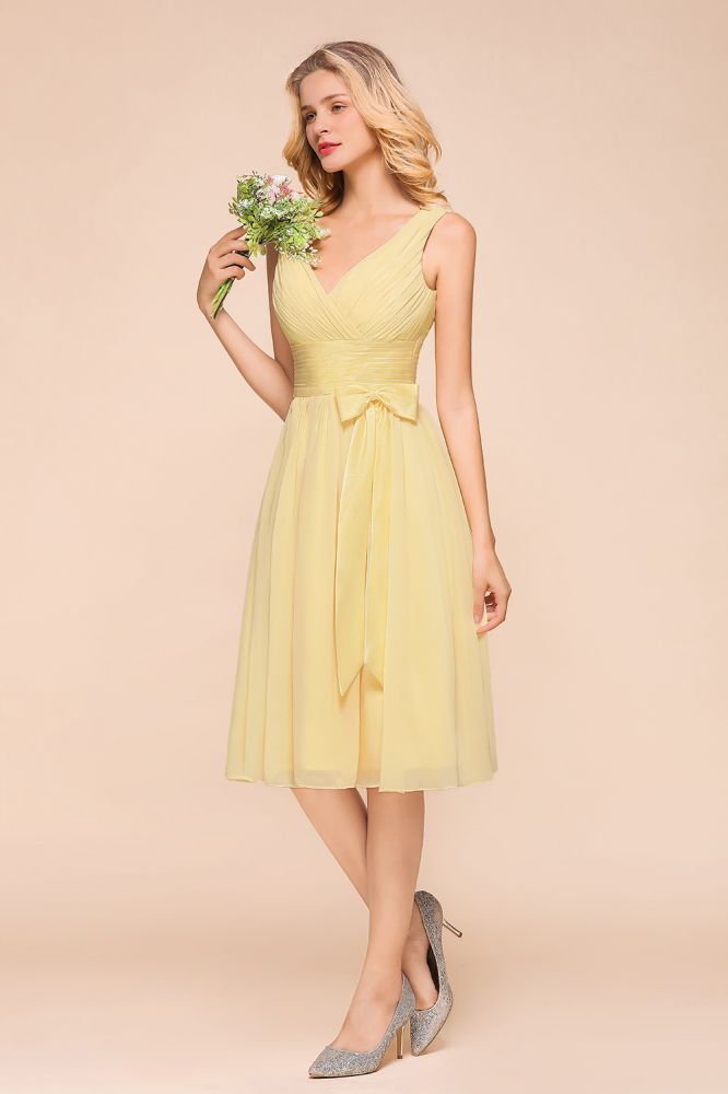 V-Neck Sleeveless A-line Mini Dress Ankle Length Bridesmaid Dress-misshow.com