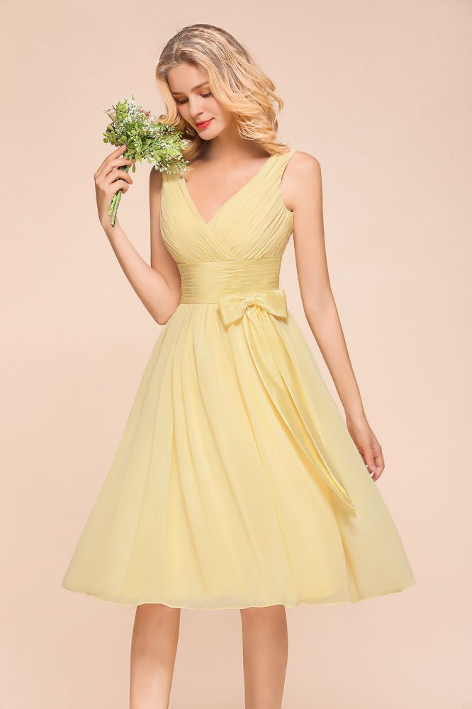 V-Neck Sleeveless A-line Mini Dress Ankle Length Bridesmaid Dress-misshow.com